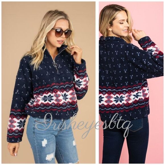 Nordic Fair-isle Sherpa Quarter Zip Cozy Pullover - Picture 1 of 9